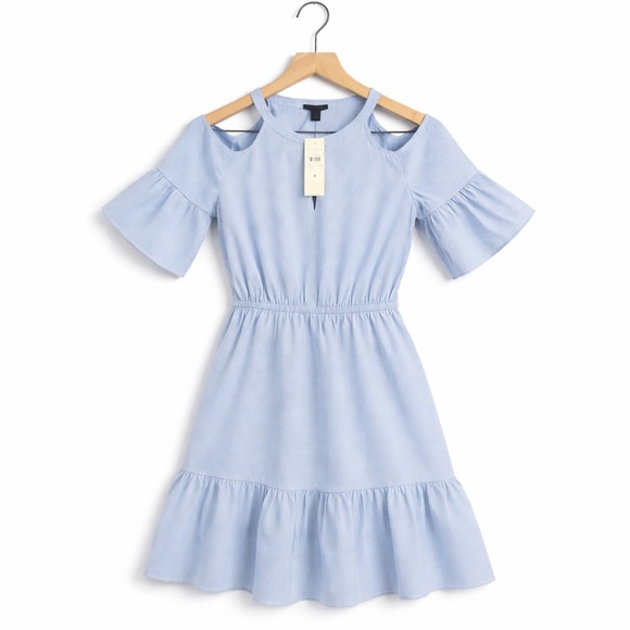 Ann Taylor Dresses & Skirts - Ann Taylor Blue and White Pin Stripe Cold Shoulder Ruffle Dress (102)